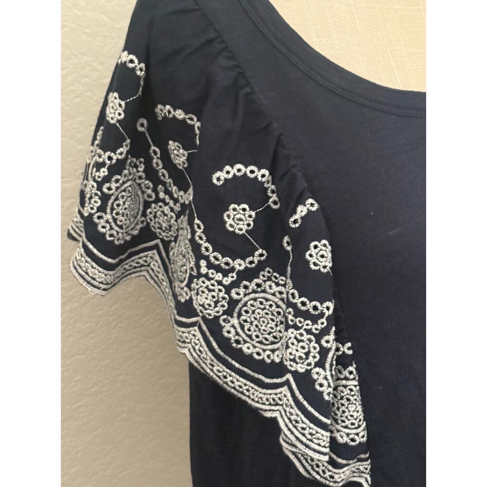 Time And Tru Women's Blouse Navy Floral Short Sleeve 100% Cotton Medium Shirt - Picture 4 of 8
